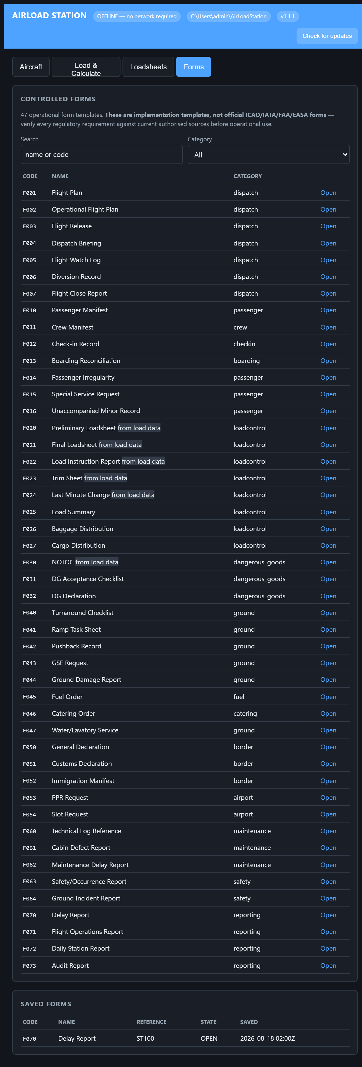Free aircraft weight & balance and loadsheet software — 47 controlled aviation forms, searchable by category